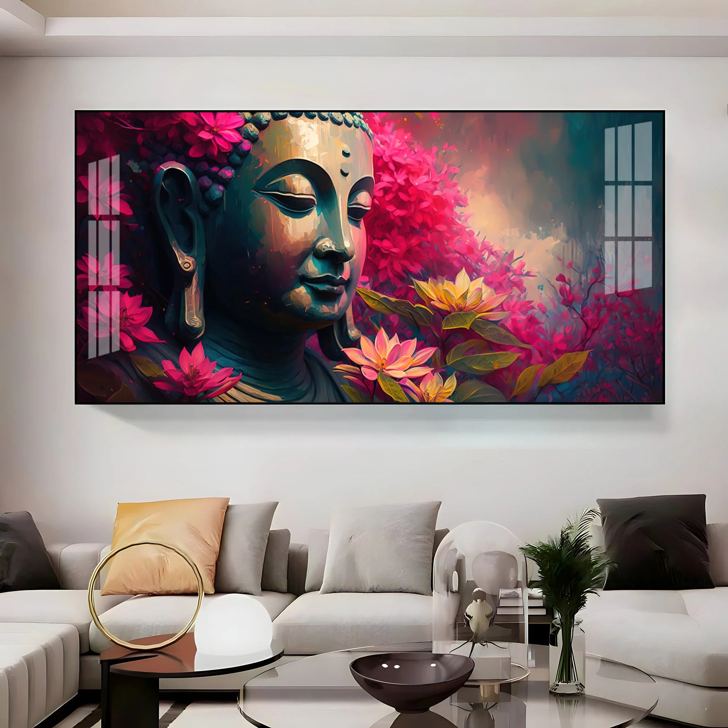 Lord Buddha Blossoms Premium Acrylic Horizontal Wall Art