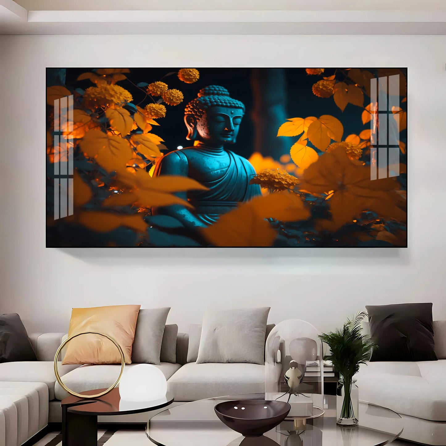 Buddha With Golden Autumn Fall Premium Acrylic Horizontal Wall Art