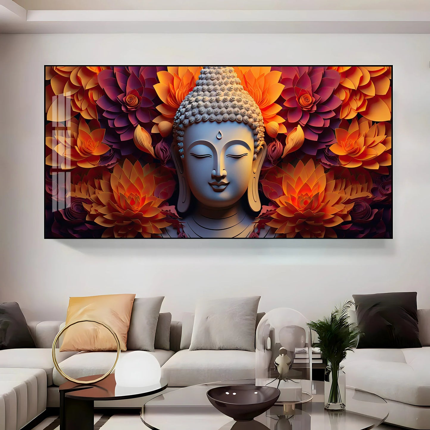 Buddha With Blooming Flower Premium Acrylic Horizontal Wall Art
