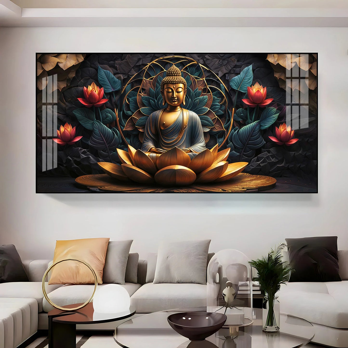 Buddha's Reflection With Sacred Lotus Premium Acrylic Horizontal Wall Art