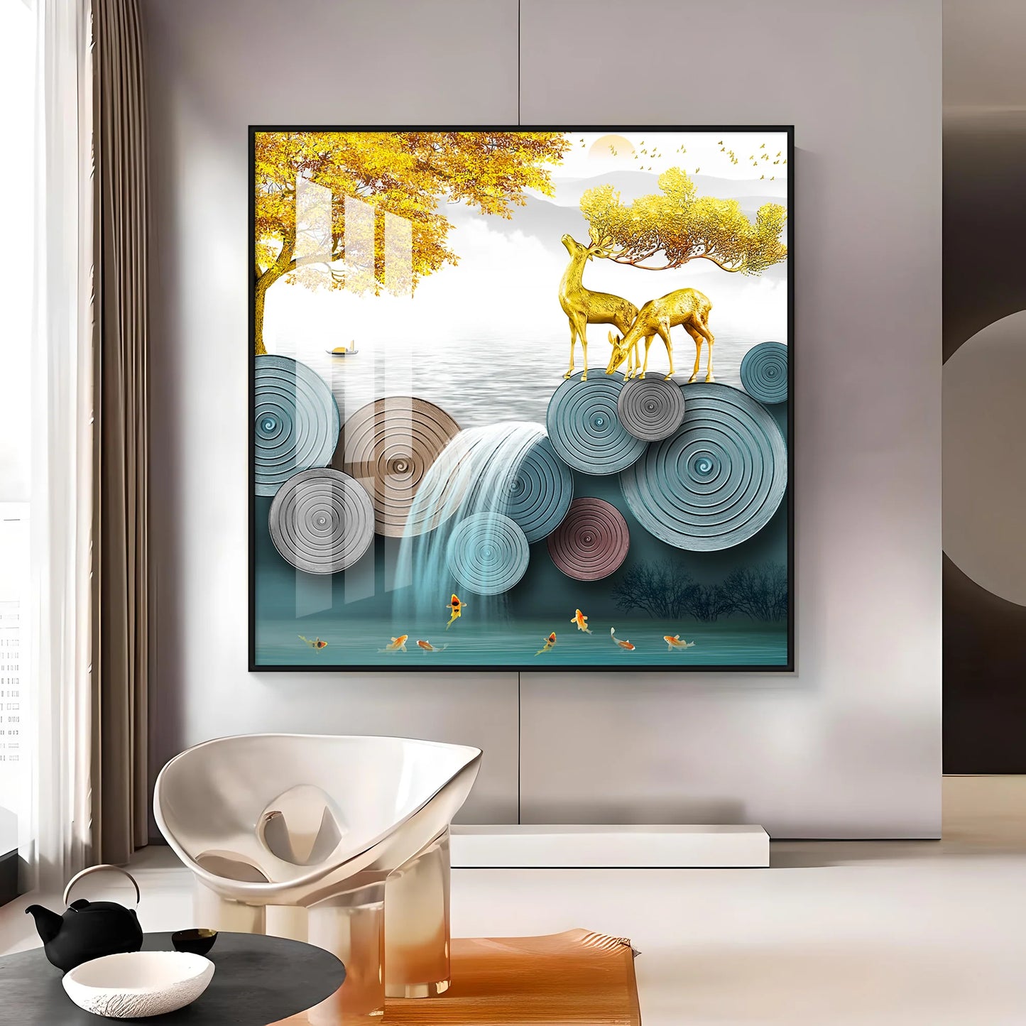 Golden Fortune Deer Luxury Crystal Square Wall Art