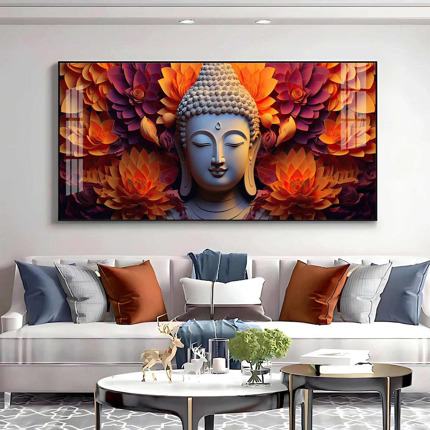 Buddha With Blooming Flower Premium Acrylic Horizontal Wall Art