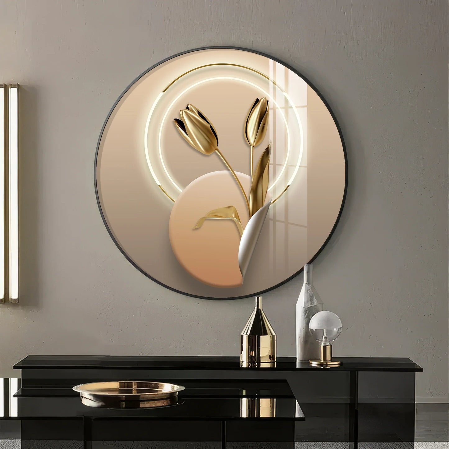 Golden Petal Premium Acrylic Round Wall Art