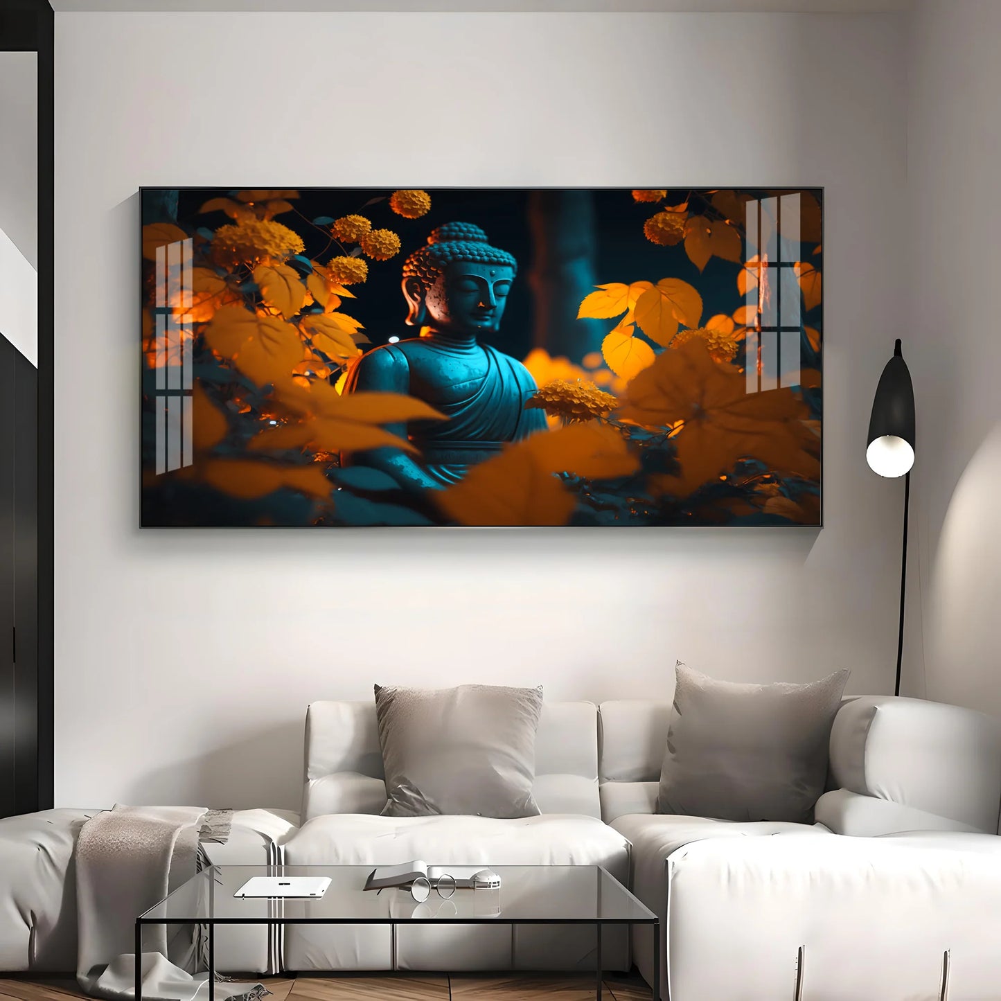 Buddha With Golden Autumn Fall Premium Acrylic Horizontal Wall Art