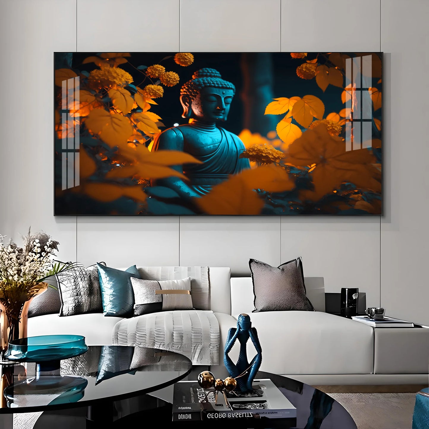 Buddha With Golden Autumn Fall Premium Acrylic Horizontal Wall Art