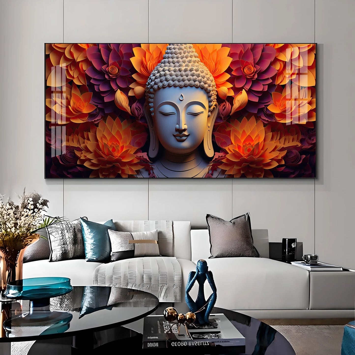 Buddha With Blooming Flower Premium Acrylic Horizontal Wall Art