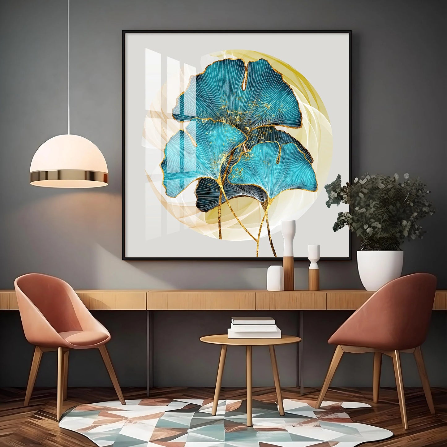 Golden Ginkgo Leaf Luxury Crystal Square Wall Art