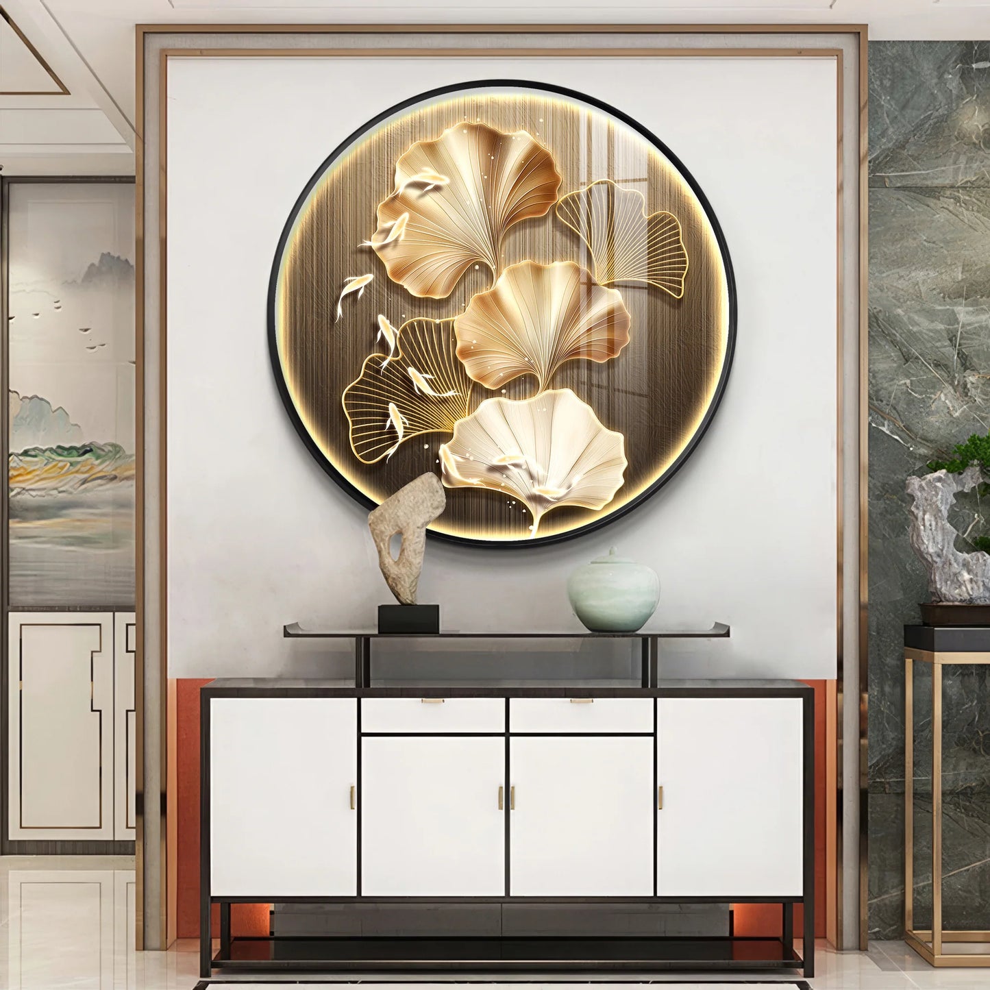 Golden Fusion Petal Premium Acrylic Round Wall Art