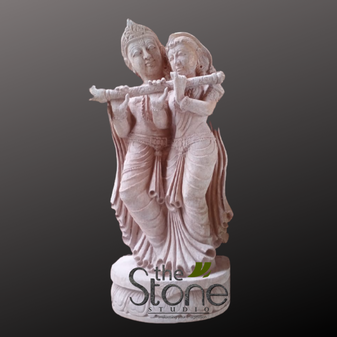 Radha Krishna Statue with Flute in Sand Stone