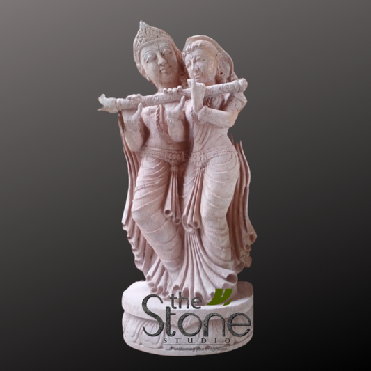 Radha Krishna Statue with Flute in Sand Stone