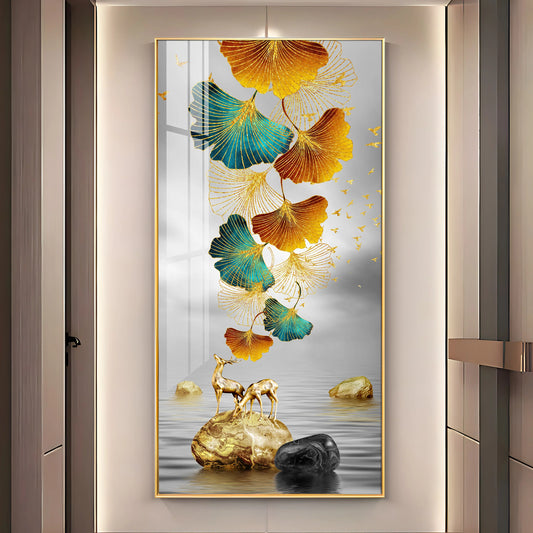 Golden Elk Leaves With Deer Luxury Crystal Vertical Wall Art