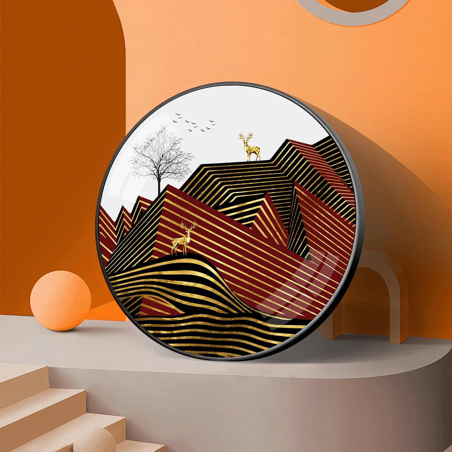 Deer and Mountain Premium Acrylic Round Wall Art