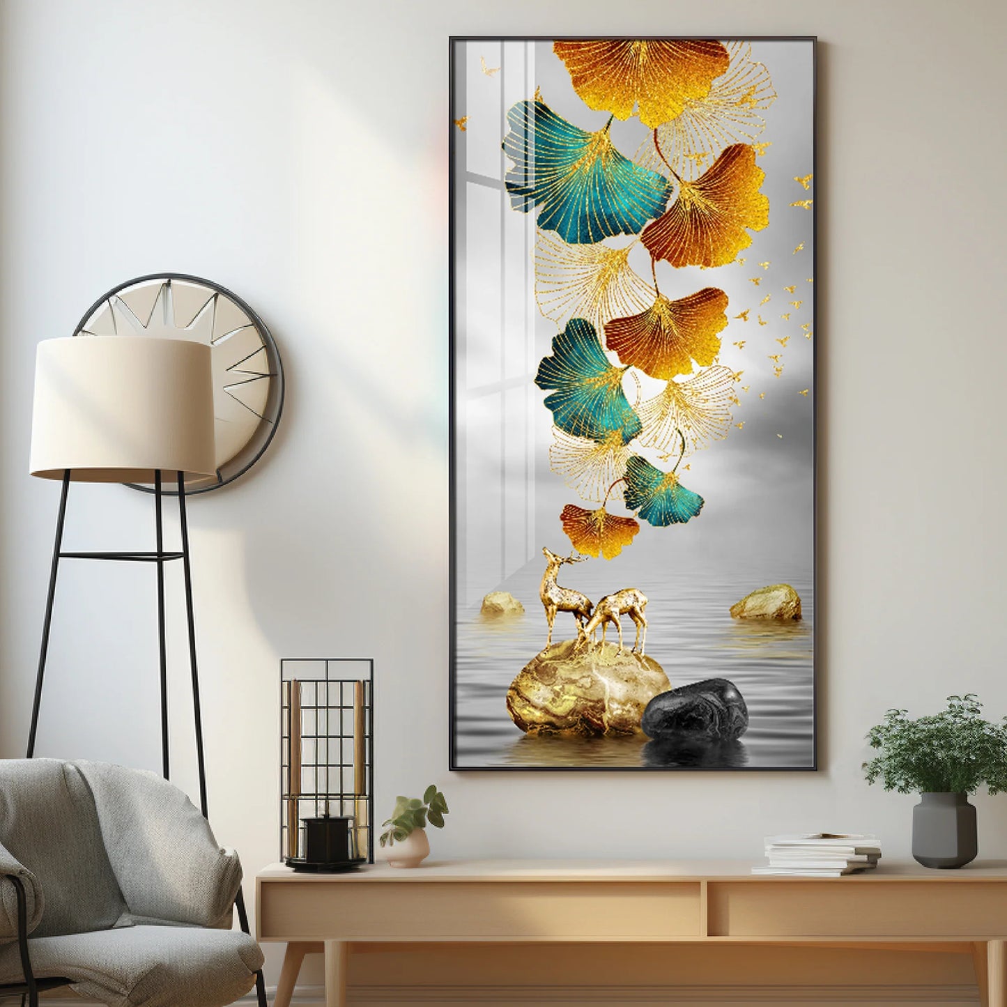 Golden Elk Leaves With Deer Luxury Crystal Vertical Wall Art