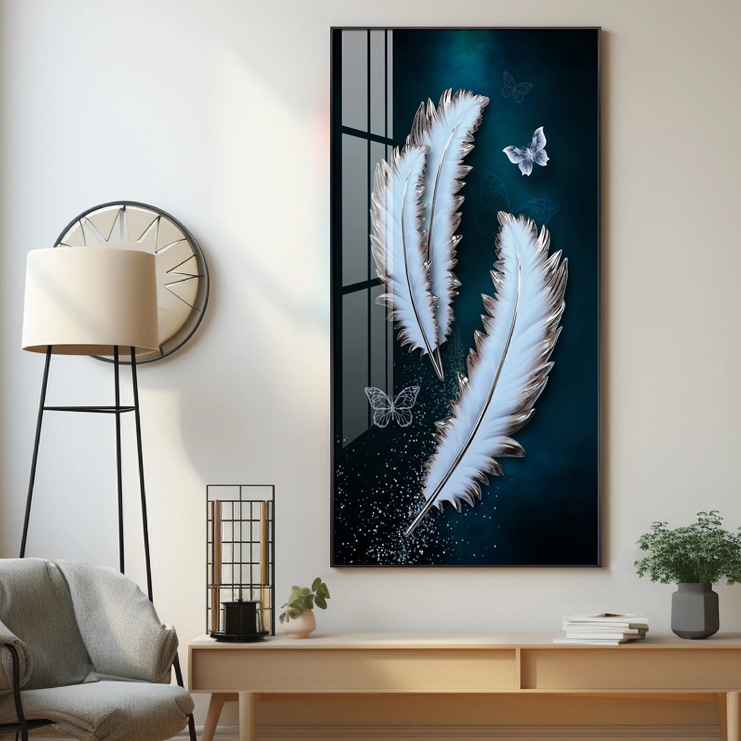 Magical Feathers With Butterfly Premium Acrylic Vertical Wall Art
