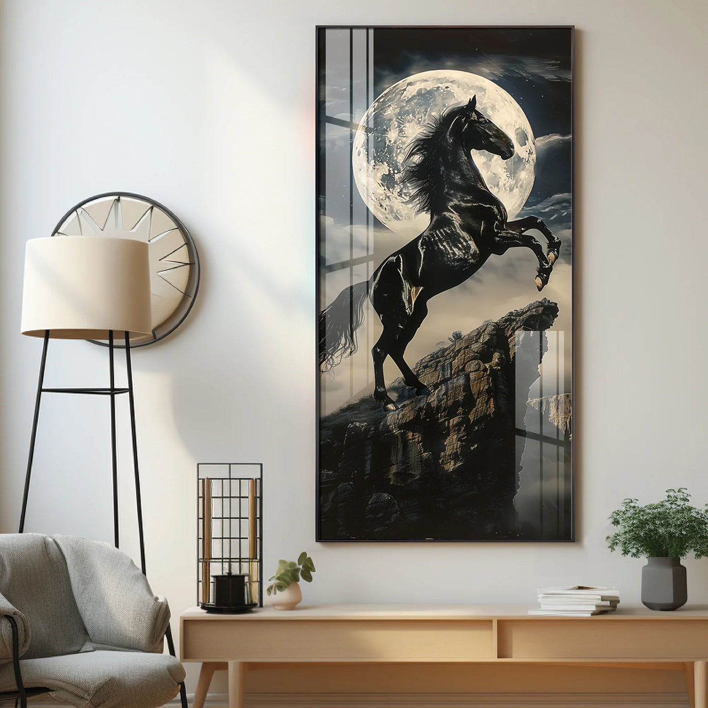 Black Horse On Rocky Cliff Premium Acrylic Vertical Wall Art