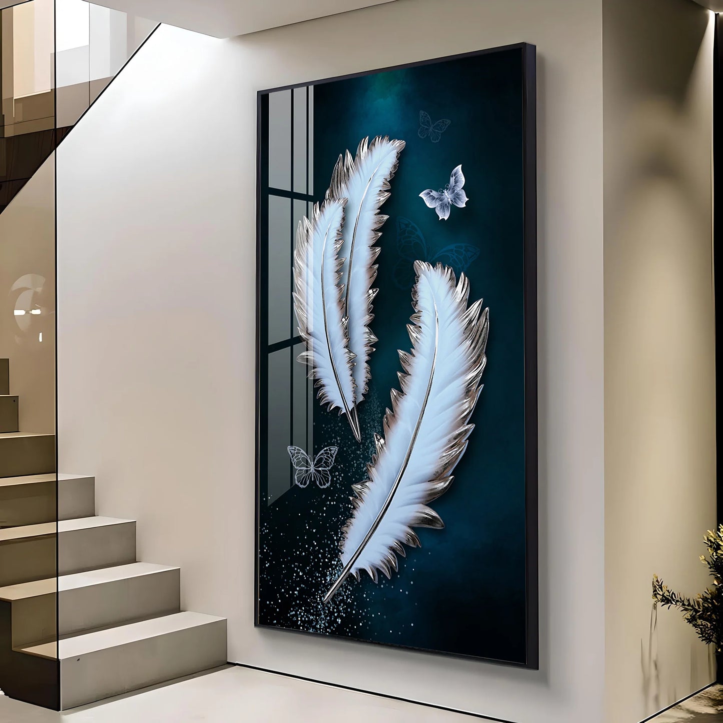 Magical Feathers With Butterfly Premium Acrylic Vertical Wall Art