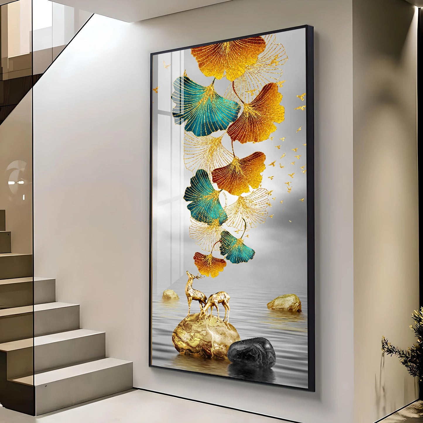 Golden Elk Leaves With Deer Premium Acrylic Vertical Wall Art
