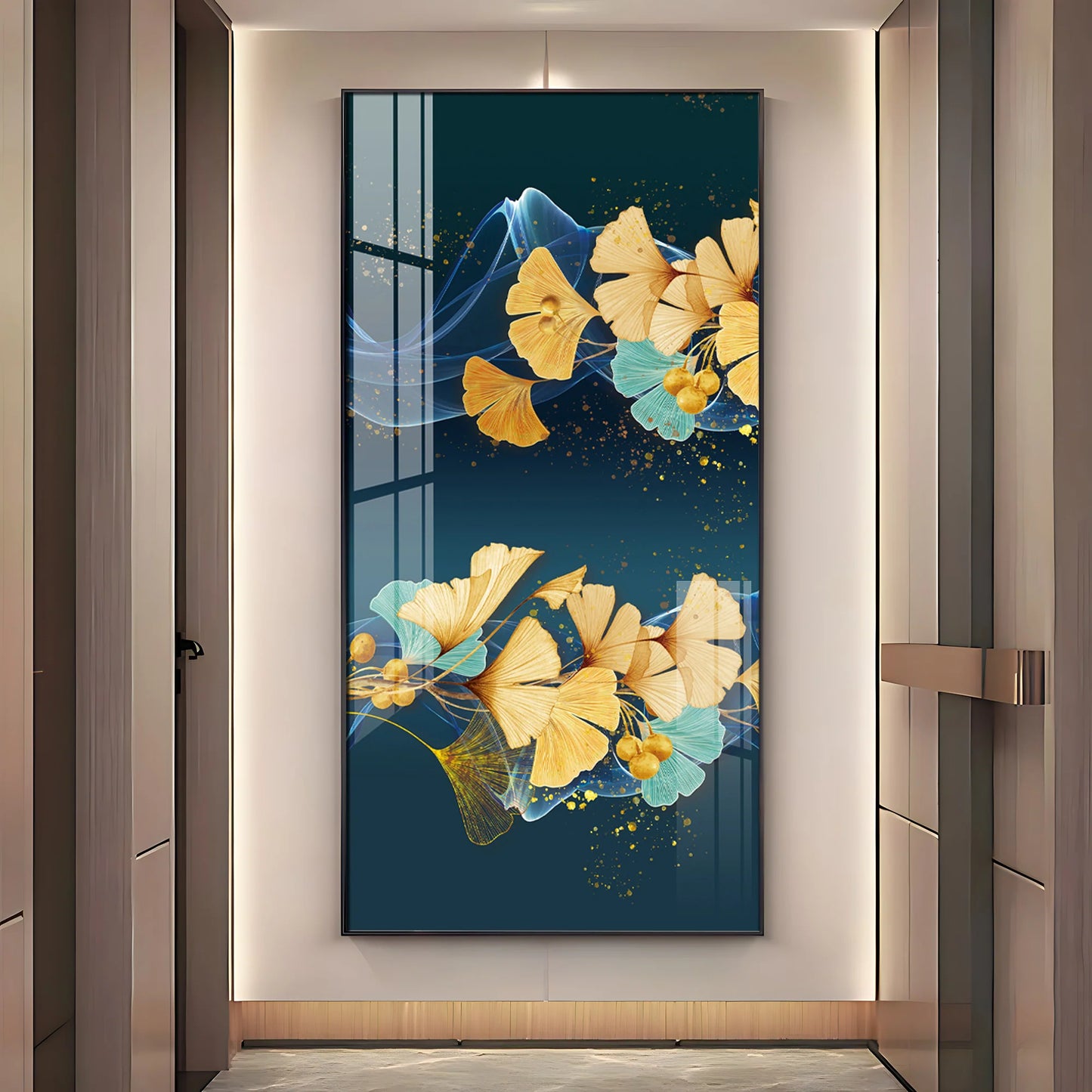 Golden Autumn Flowers Luxury Crystal Vertical Wall Art