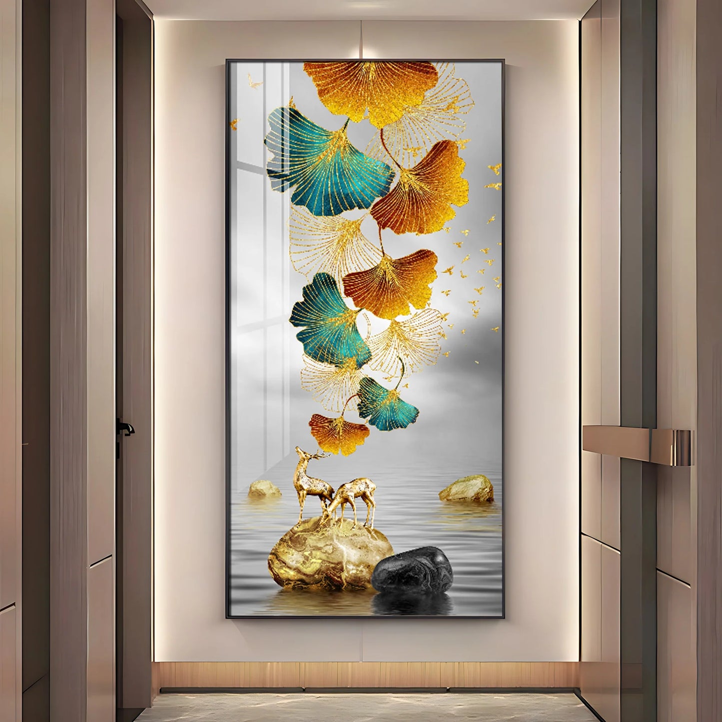 Golden Elk Leaves With Deer Premium Acrylic Vertical Wall Art