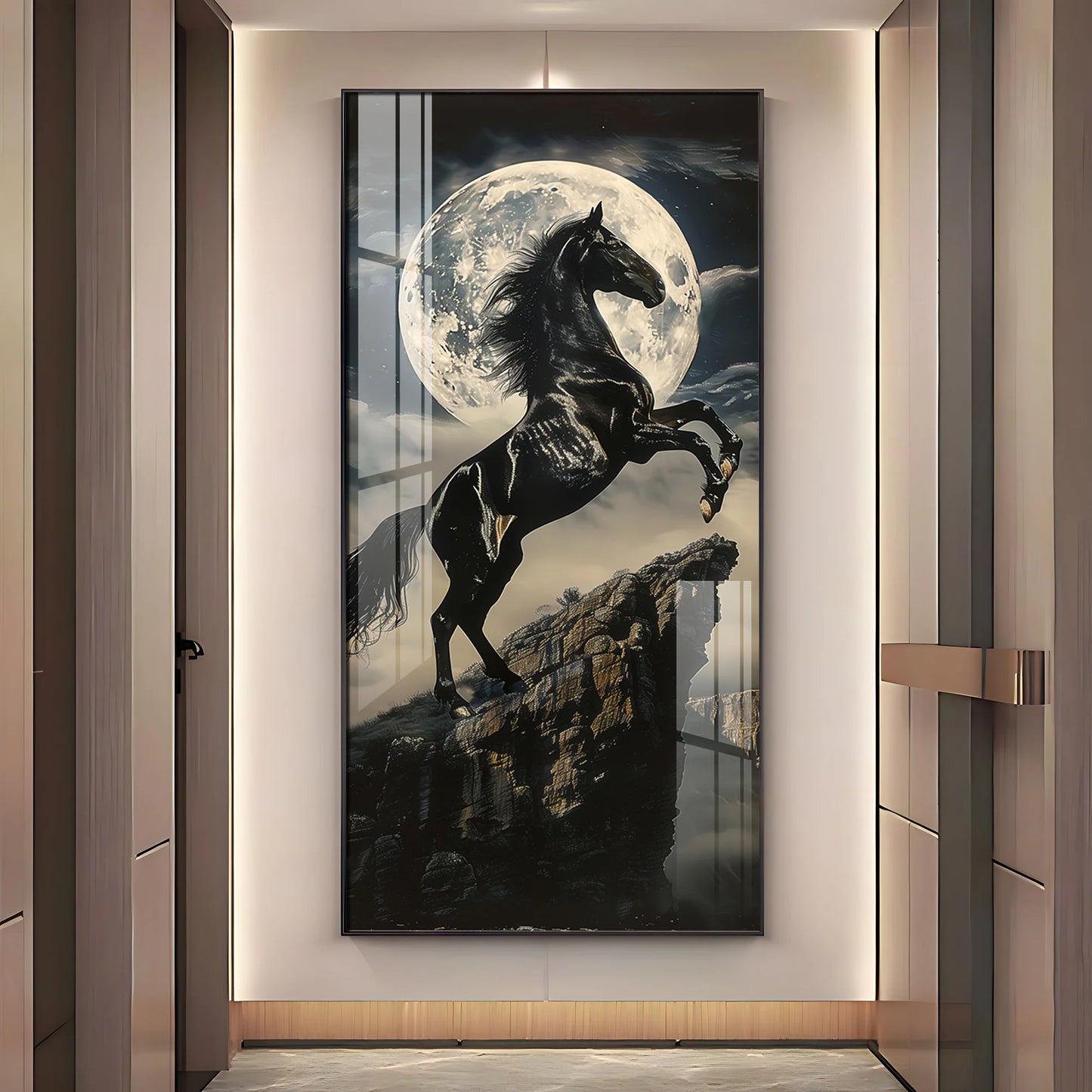 Black Horse On Rocky Cliff Premium Acrylic Vertical Wall Art