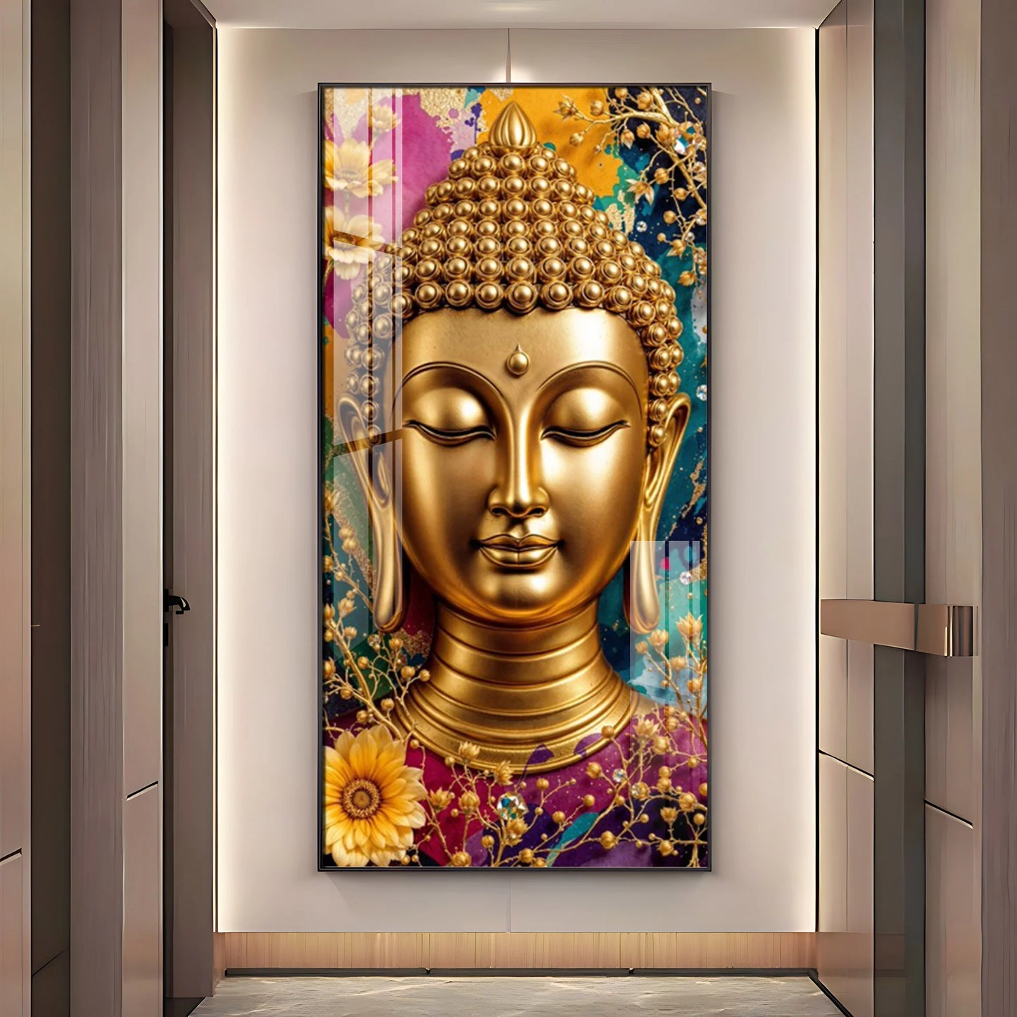 Golden Portrayal Of Buddha Premium Acrylic Vertical Wall Art