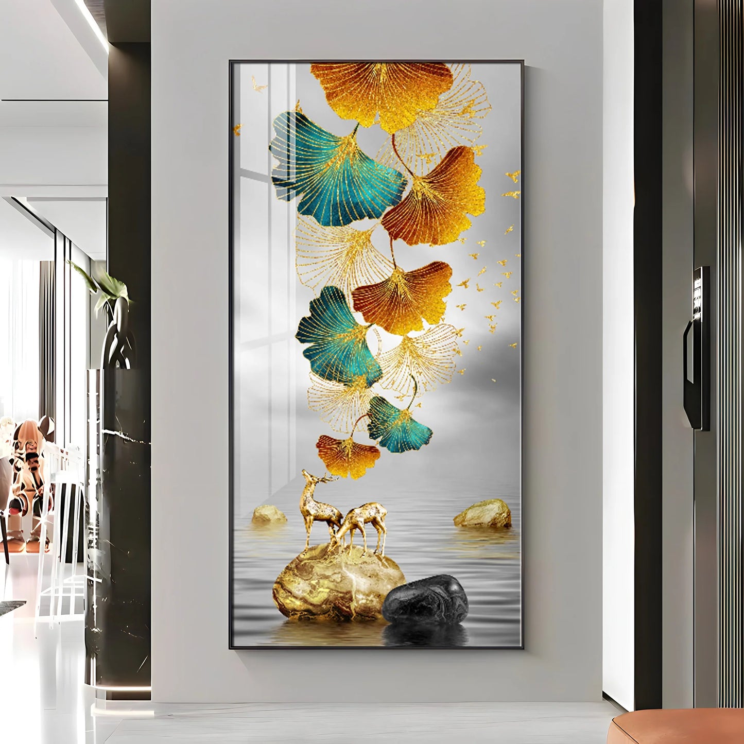 Golden Elk Leaves With Deer Premium Acrylic Vertical Wall Art