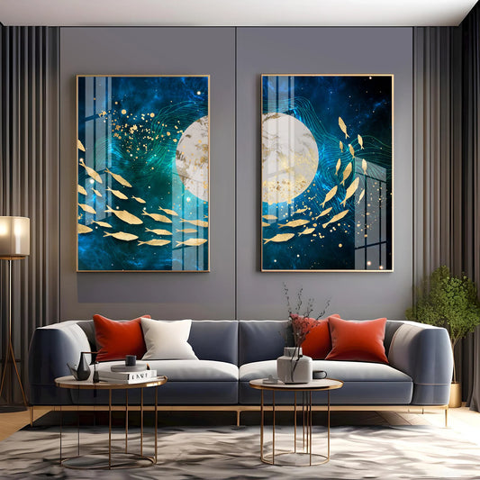 Golden Koi Fish Premium Acrylic Vertical Wall Art (Set Of 2)