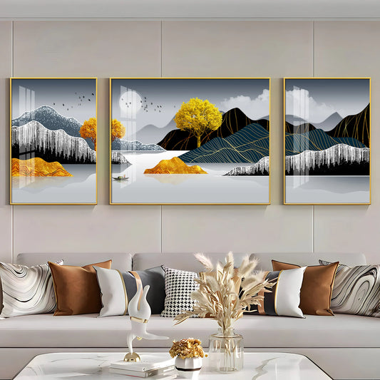 Mountains With Golden Tree Luxury Crystal Wall Art (Set of 3)