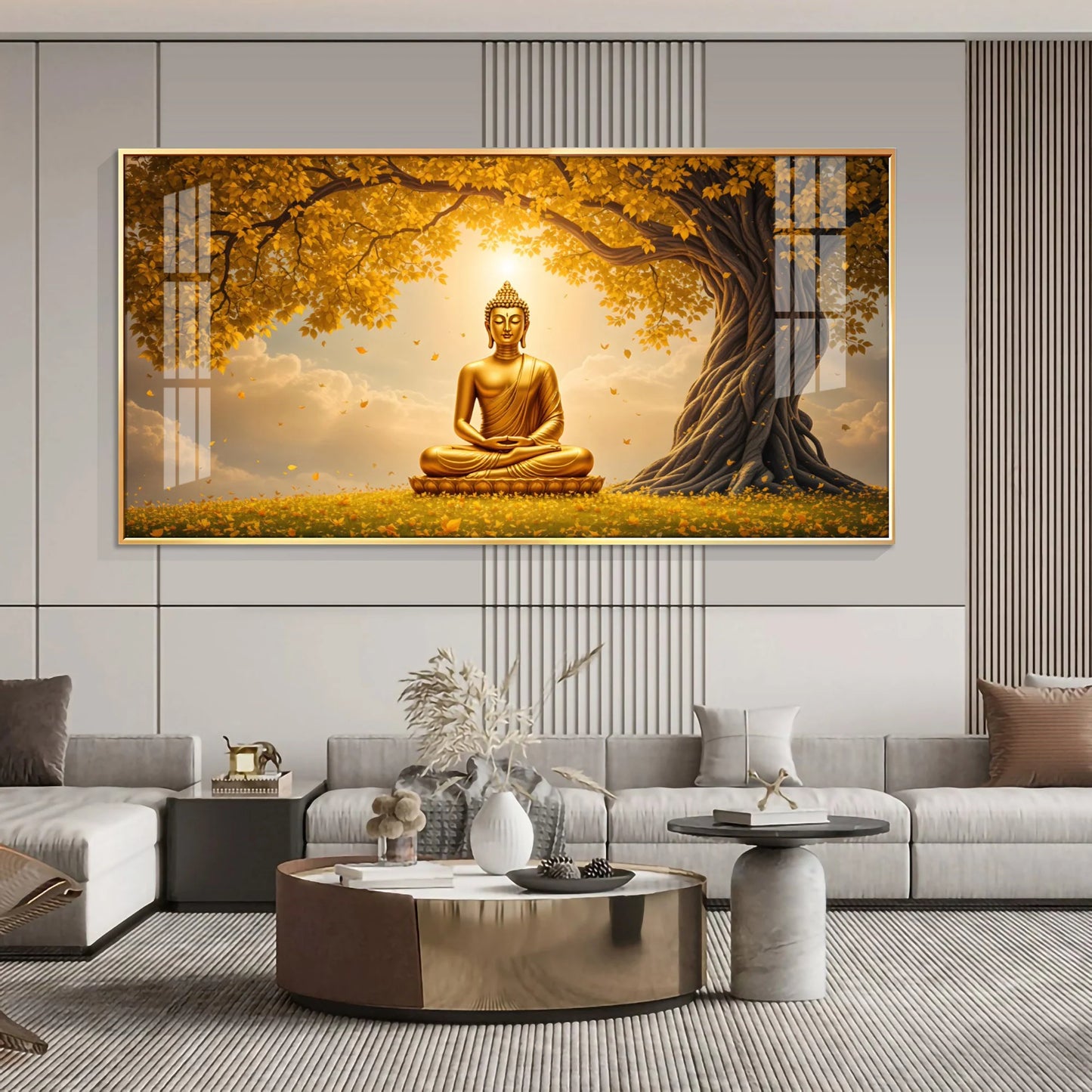 Meditating Buddha Under Goldern Tree Premium Acrylic Horizontal Wall Art