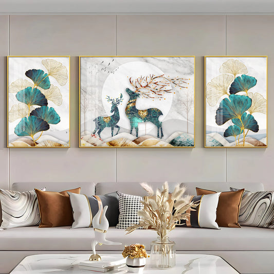 Rare Deer With Ginkgo Leaf Luxury Crystal Wall Art (Set of 3)