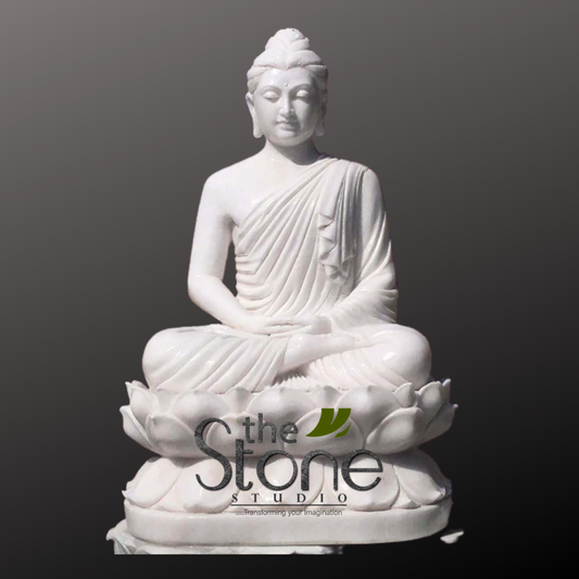 Marble Buddha Statue Sitting on Lotus 4ft