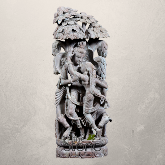 Radha Krishna Sculpture in Pink Stone 18″