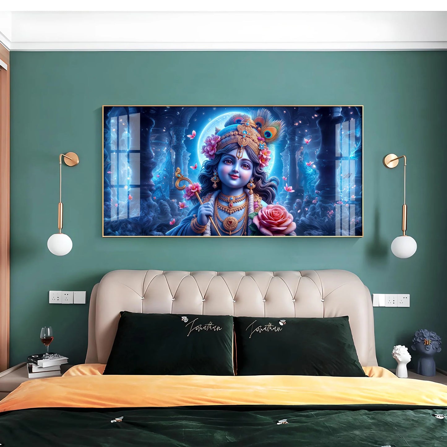 Krishna Elegance With Flower Premium Acrylic Horizontal Wall Art