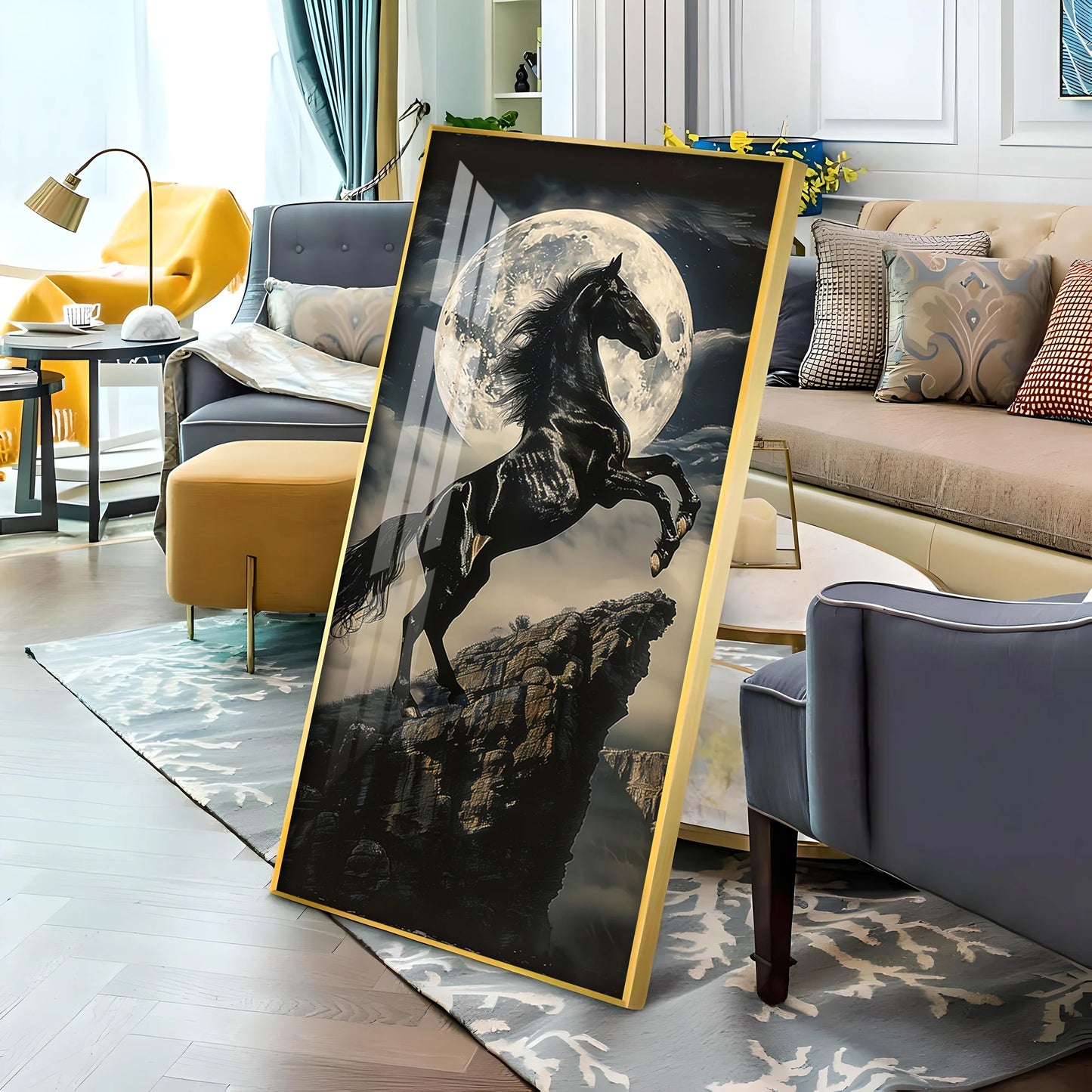 Black Horse On Rocky Cliff Premium Acrylic Vertical Wall Art