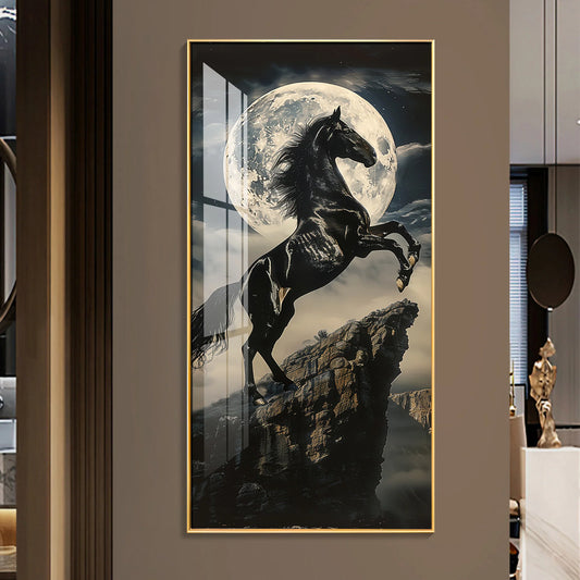 Black Horse On Rocky Cliff Premium Acrylic Vertical Wall Art