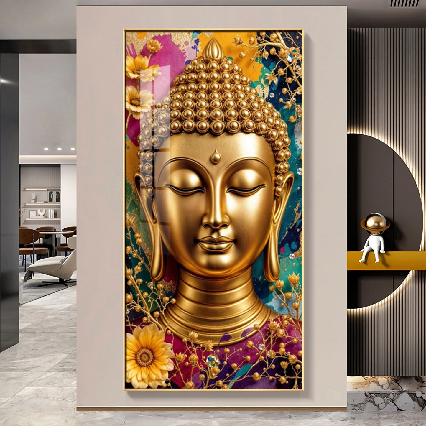 Golden Portrayal Of Buddha Premium Acrylic Vertical Wall Art