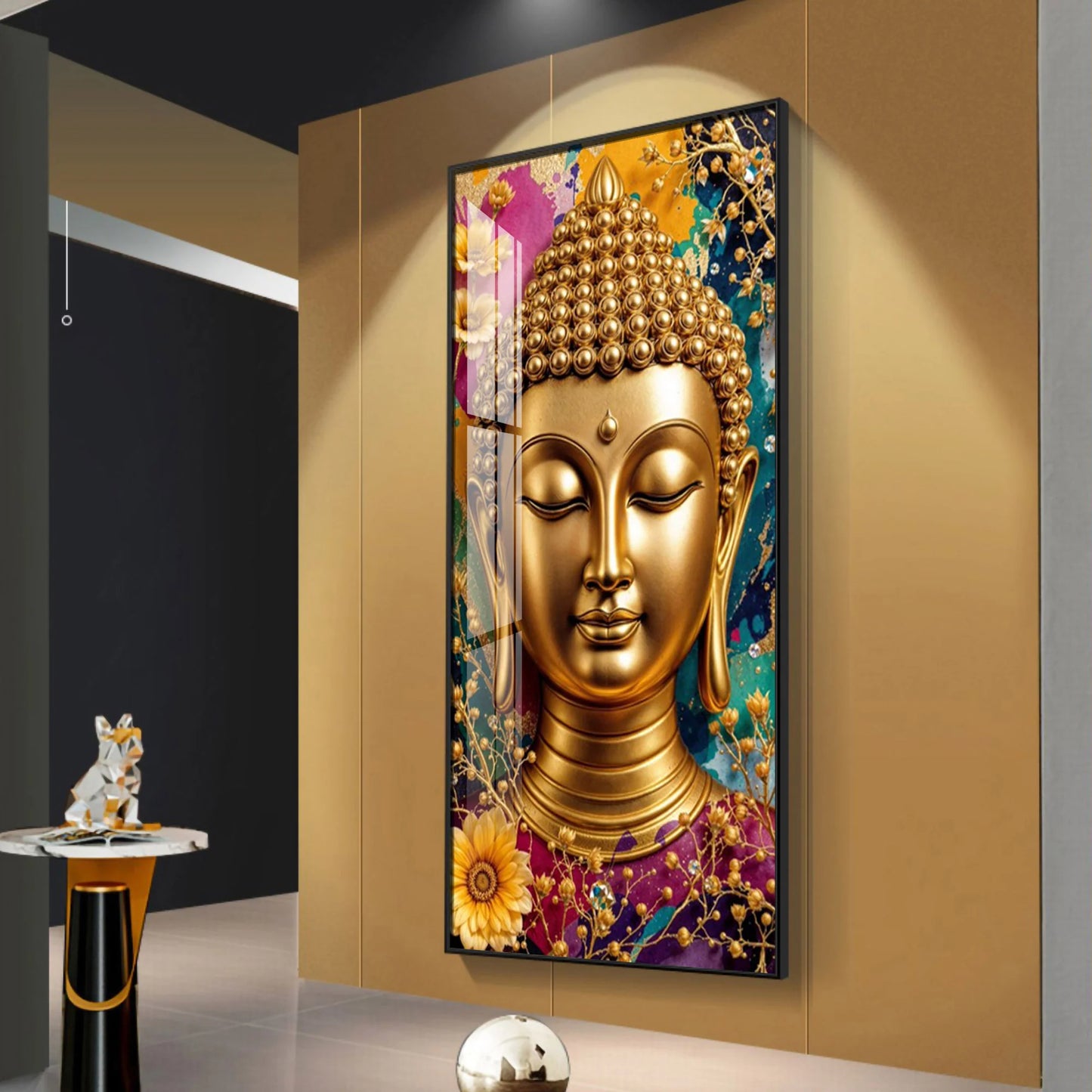 Golden Portrayal Of Buddha Premium Acrylic Vertical Wall Art