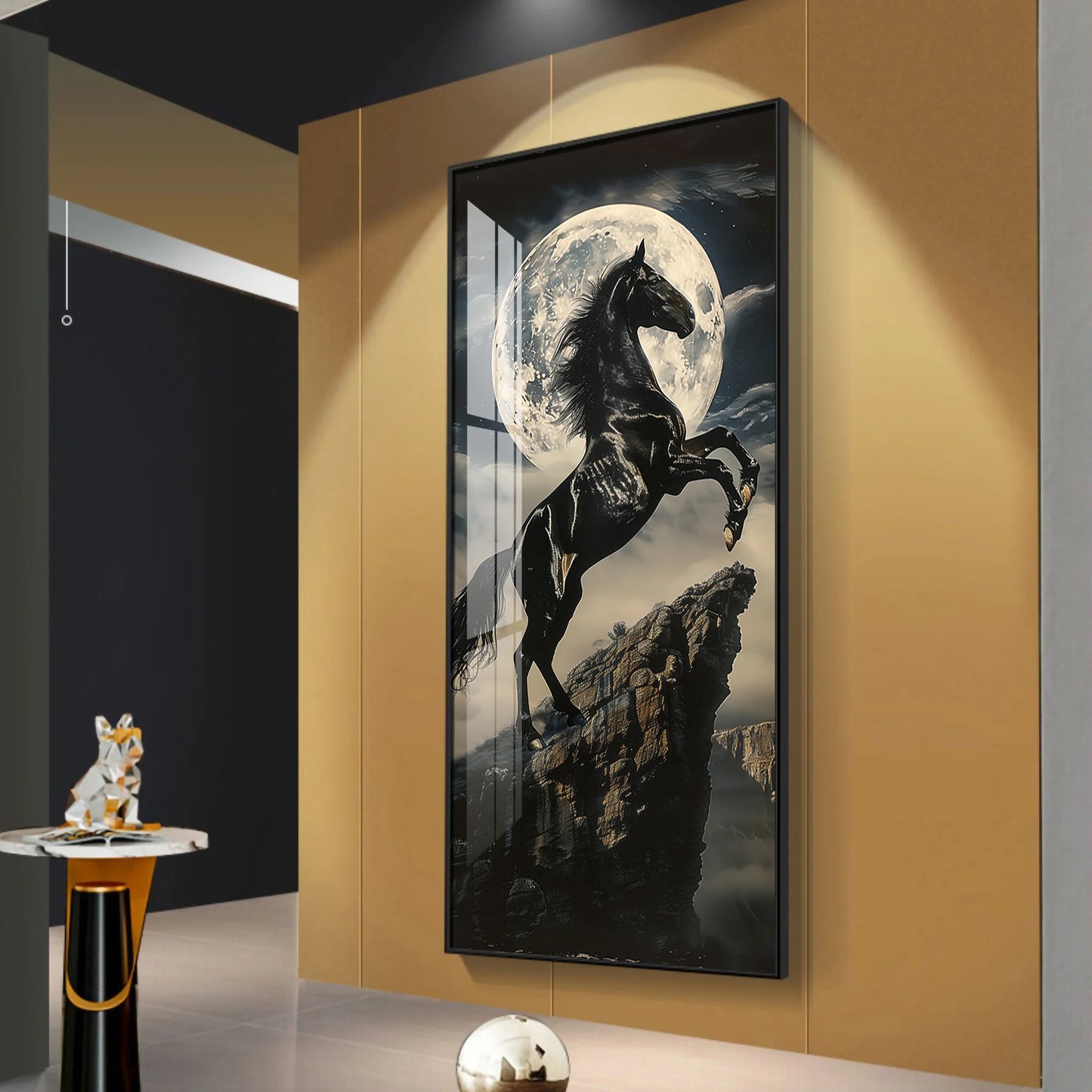 Black Horse On Rocky Cliff Premium Acrylic Vertical Wall Art