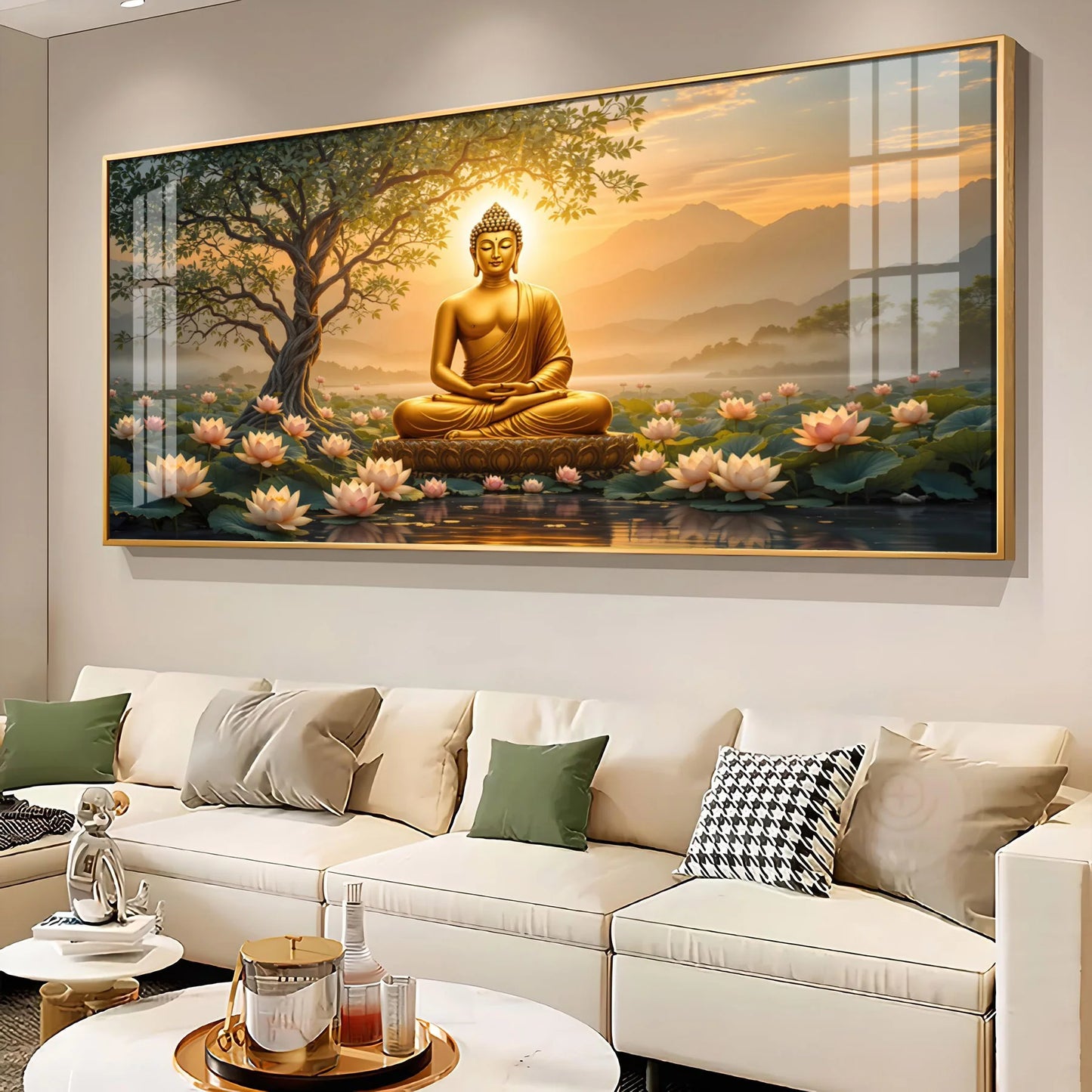 Blissful Buddha With Lotus Petal Premium Acrylic Horizontal Wall Art