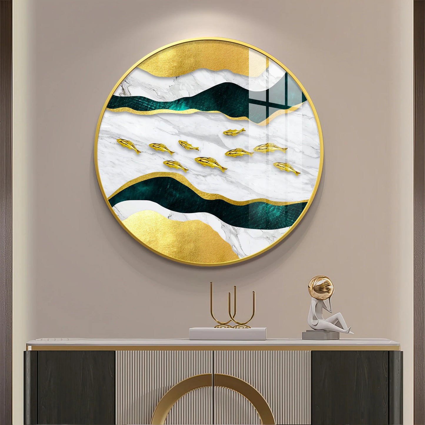 Noir & Gold Fish Premium Acrylic Round Wall Art