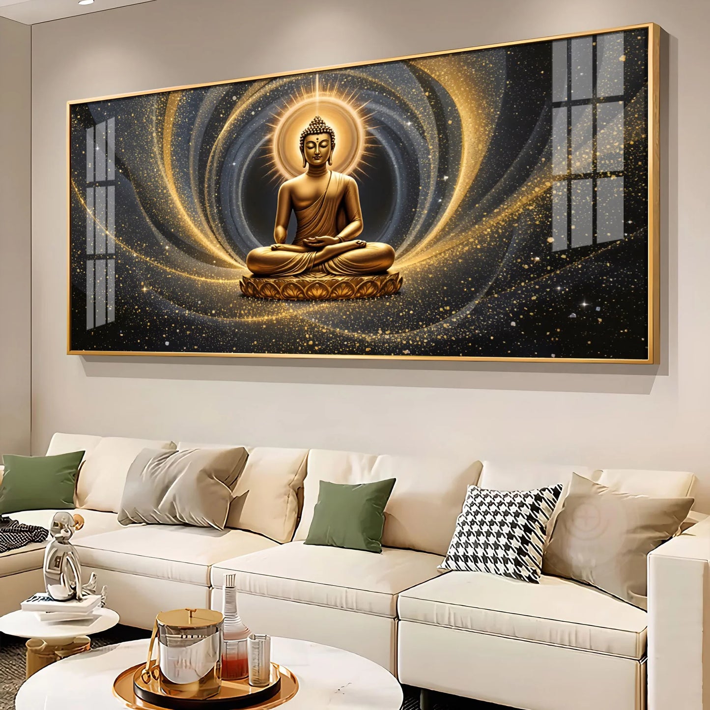 Golden Wave Buddha Reflection Premium Acrylic Horizontal Wall Art