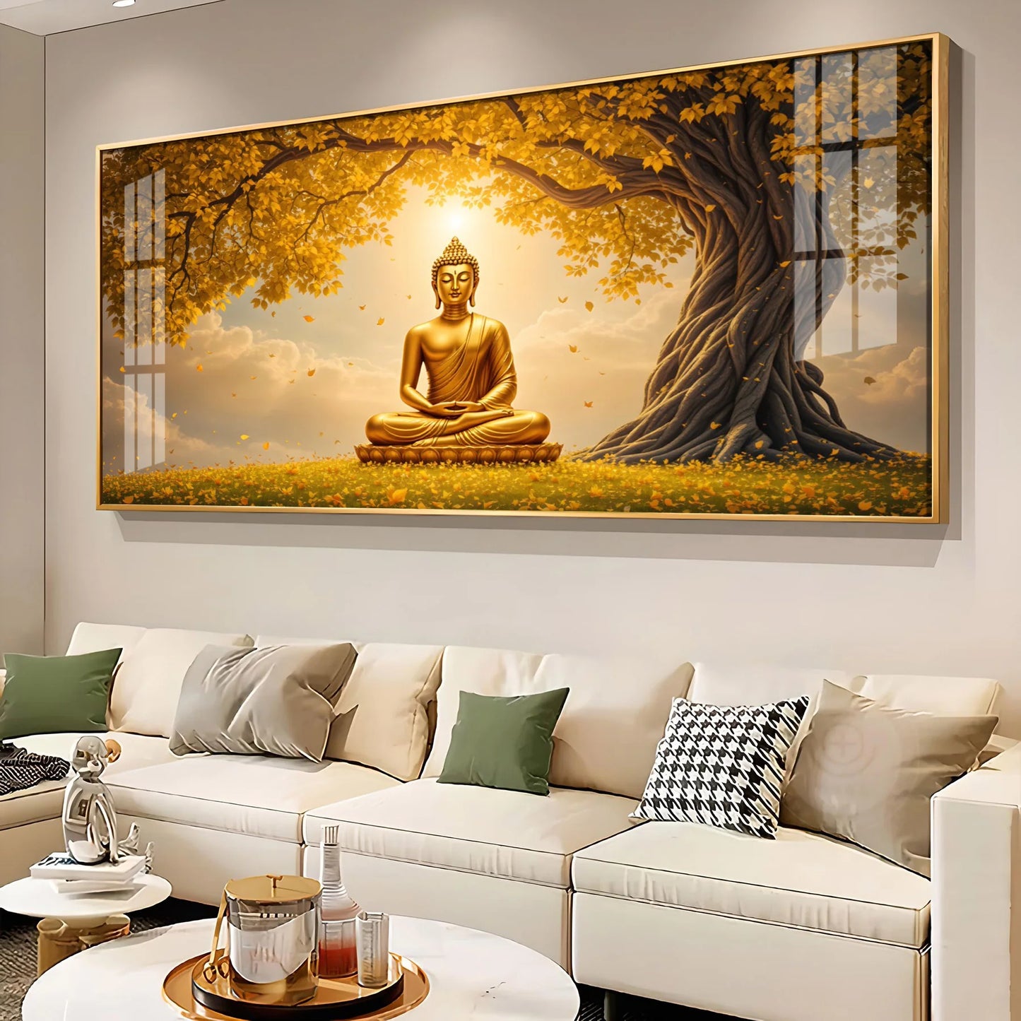 Meditating Buddha Under Goldern Tree Premium Acrylic Horizontal Wall Art