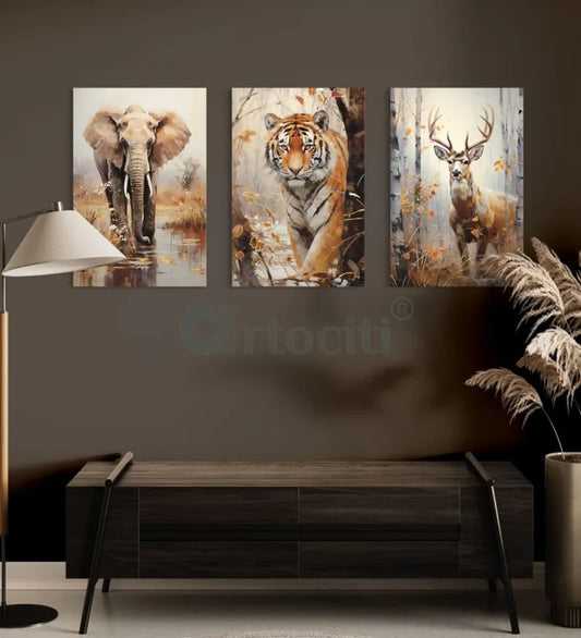 3-Piece Elephant, Deer, and Tiger Jungle Canvas Set