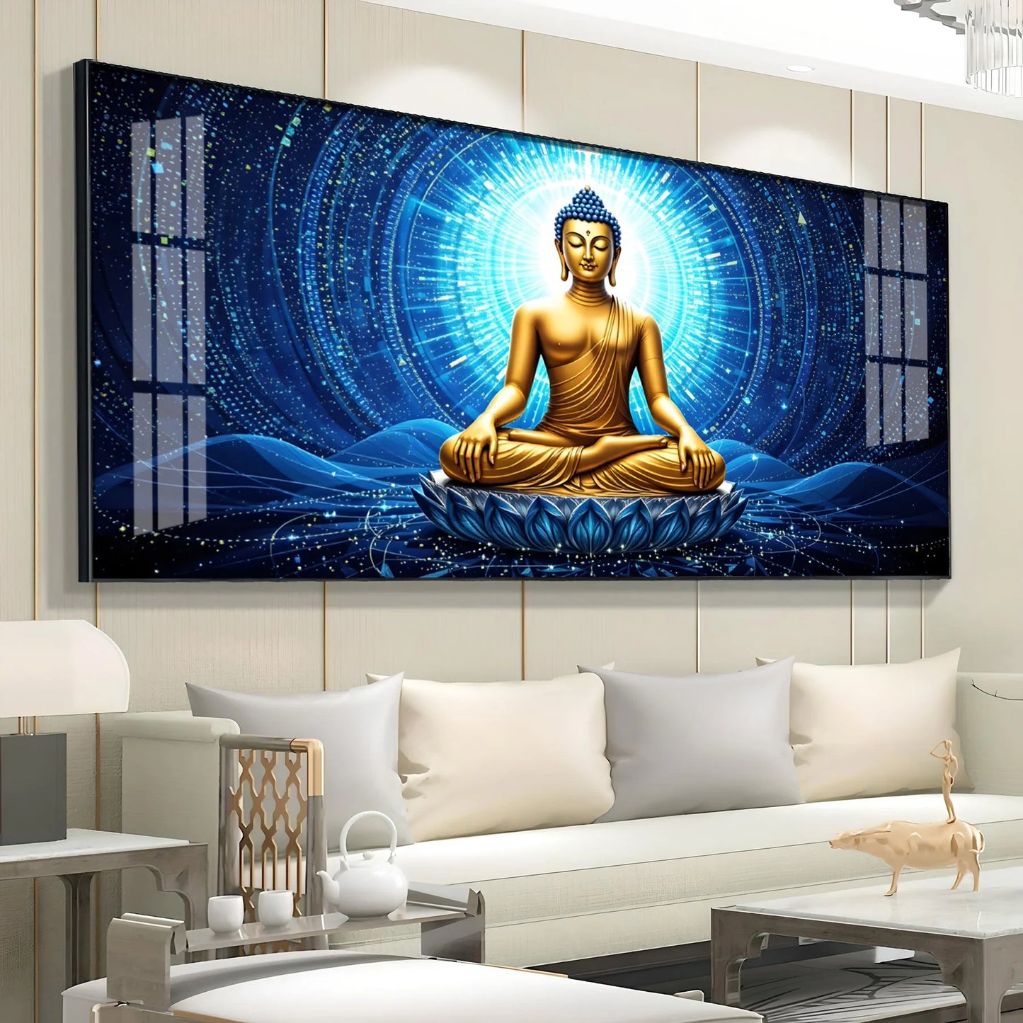 Buddha Bliss In Blue Aura Premium Acrylic Horizontal Wall Art