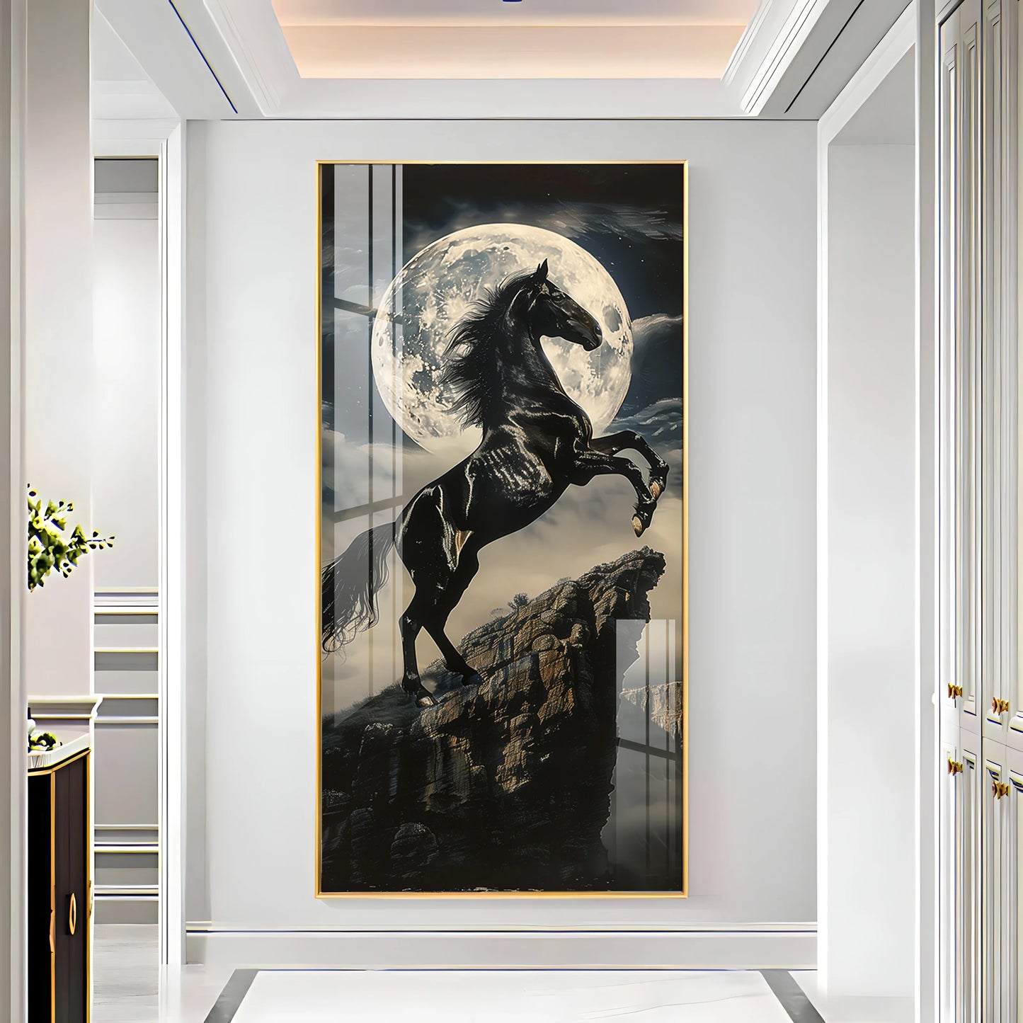 Black Horse On Rocky Cliff Premium Acrylic Vertical Wall Art