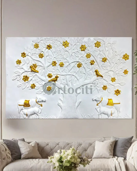 7X4.5 Feet Pichwai Cow and Tree of Life 3d Relief Mural