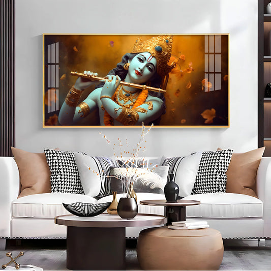 Om Jai Shree Krishna Luxury Crystal Horizontal Wall Art