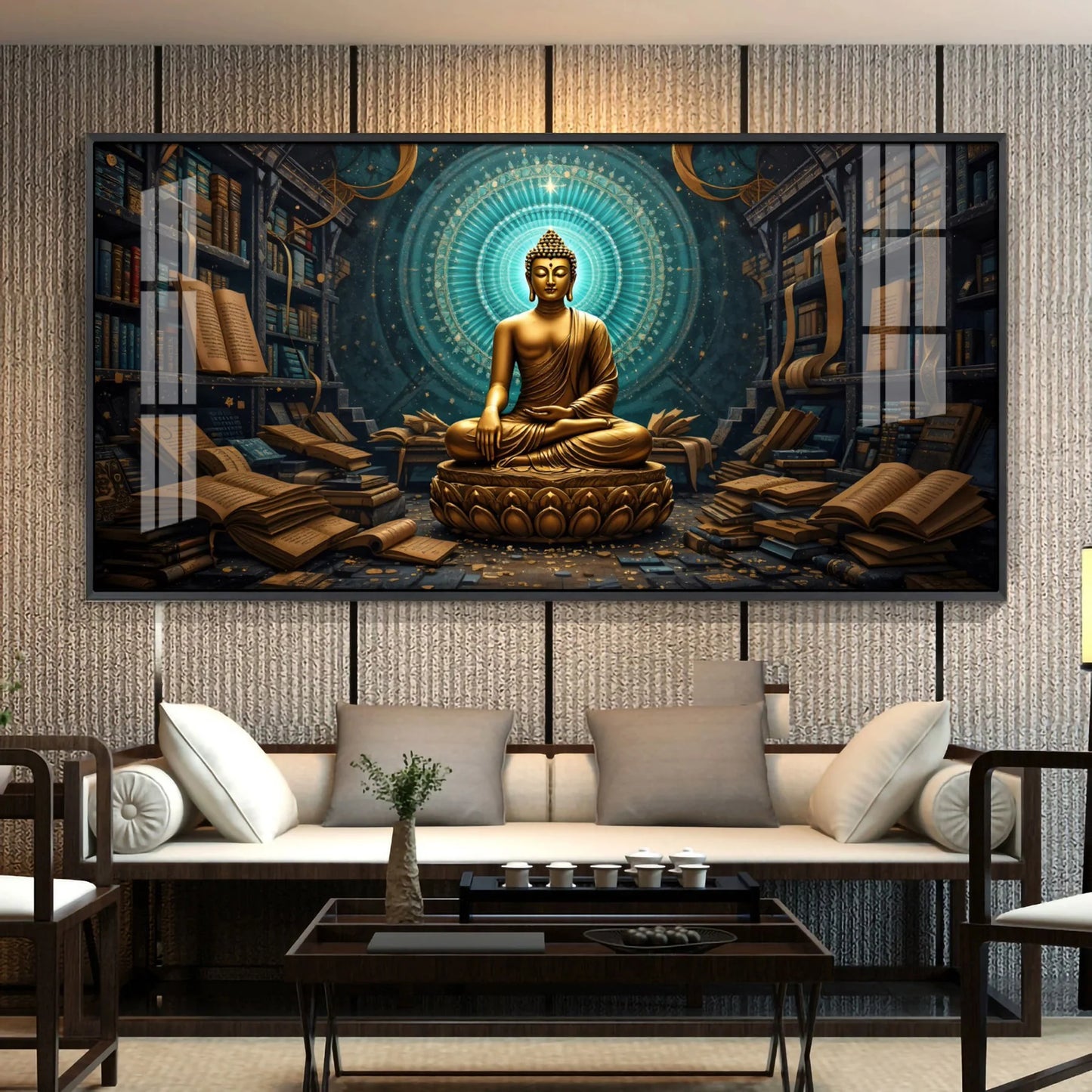 Golden Peaceful Presence Of Buddha Premium Acrylic Horizontal Wall Art