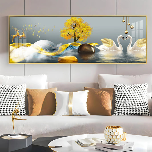 Loving Deers and Swans Luxury Crystal Horizontal Wall Art