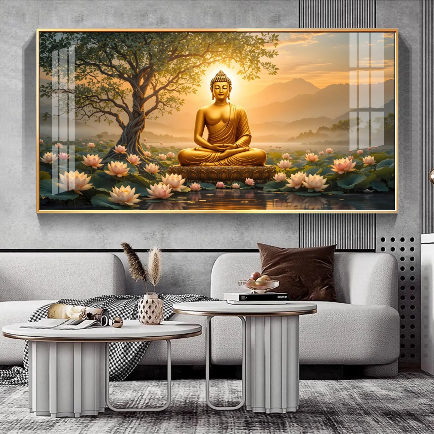 Blissful Buddha With Lotus Petal Premium Acrylic Horizontal Wall Art